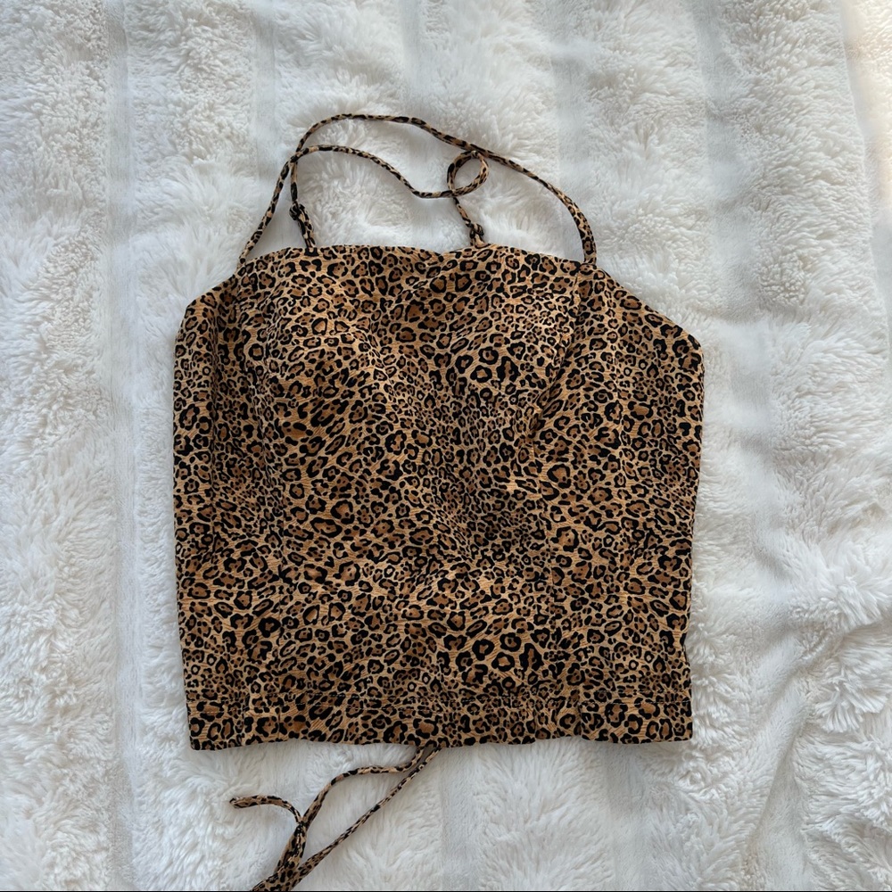 Cheetah print crop top with lace up back